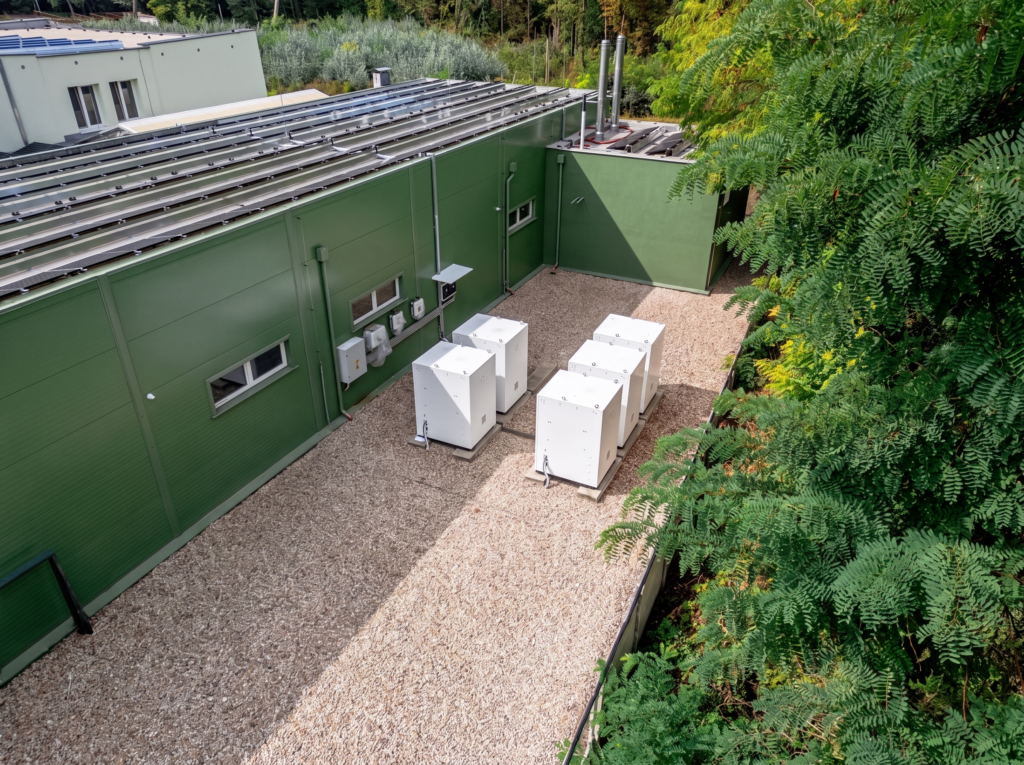 Aerial view of the battery units and the research building at the Gabčíkovo research station