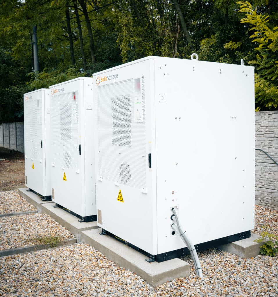 Pair of Solis Storage battery cabinets on their concrete bases at Gabčíkovo