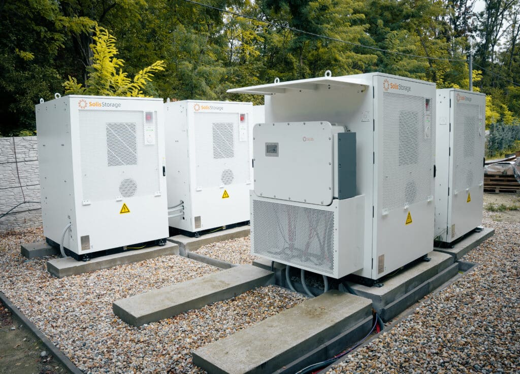 Battery cabinets at Gabčíkovo with one enclosure open during installation
