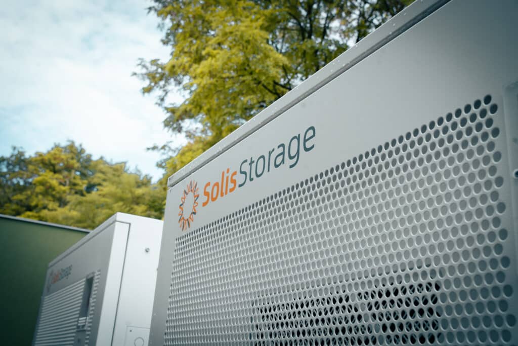 Solis Storage branding on the ventilated panel of a battery cabinet at Gabčíkovo