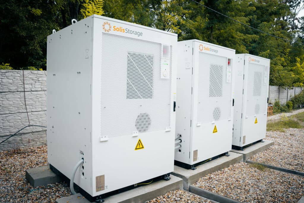 Three Solis Storage battery cabinets installed outdoors at the Gabčíkovo research station