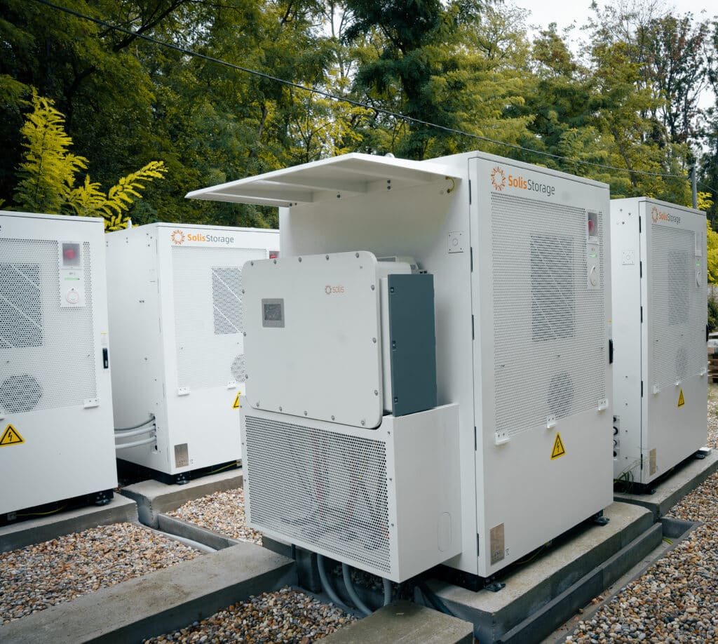Solis Storage battery cabinet with its door open during commissioning at Gabčíkovo