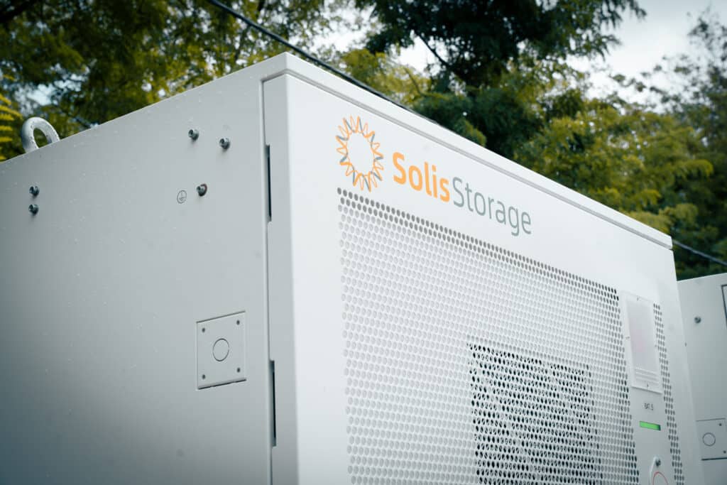 Ventilated side panel of a Solis Storage battery cabinet at Gabčíkovo